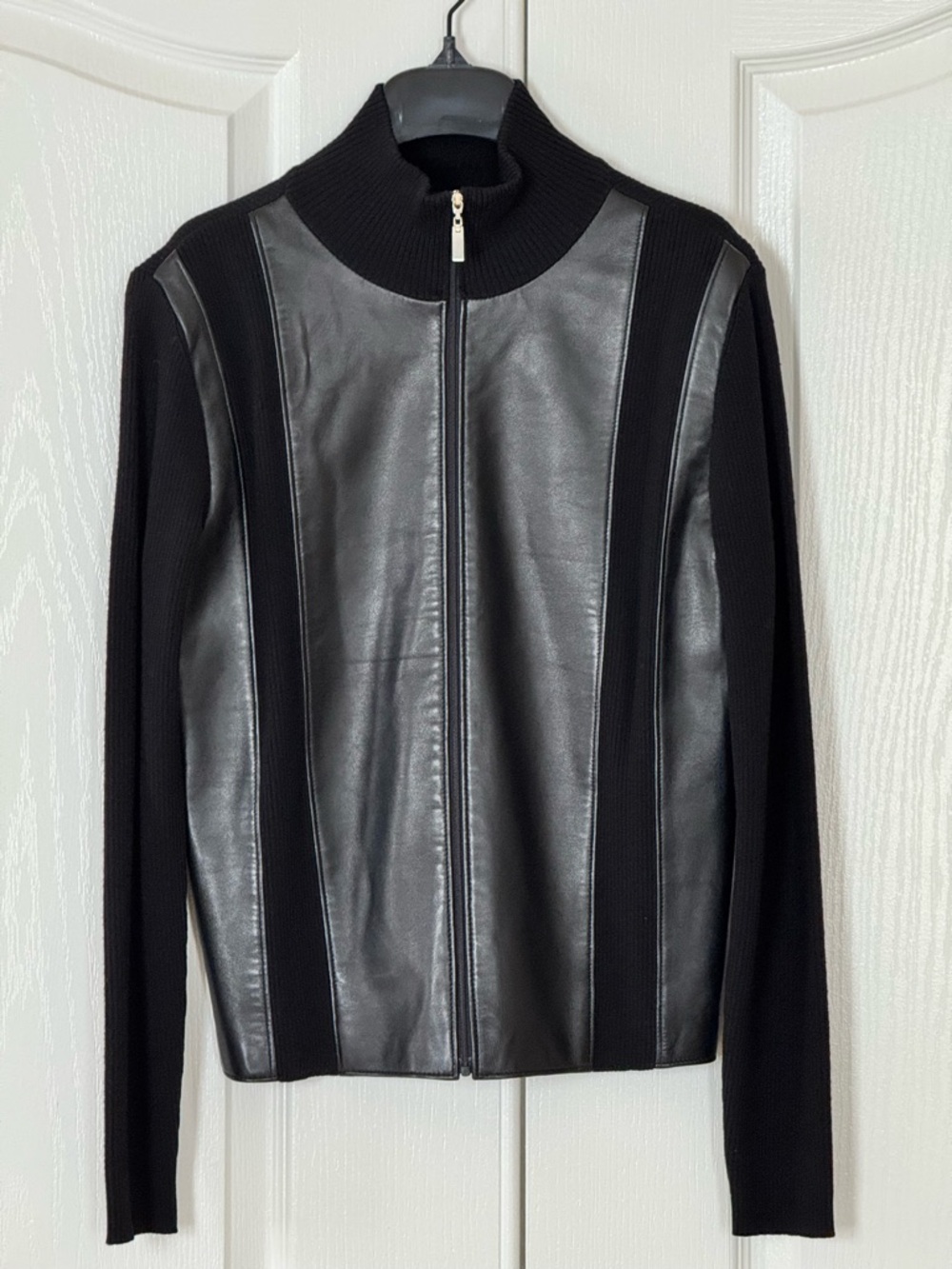 Lord & Taylor Black Merino Wool Leather-Panel Zip Jacket - Size S